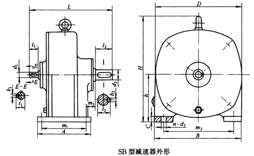 SB系列雙擺線針輪減速機外形及安裝尺寸、針齒中心圓直徑及傳動比